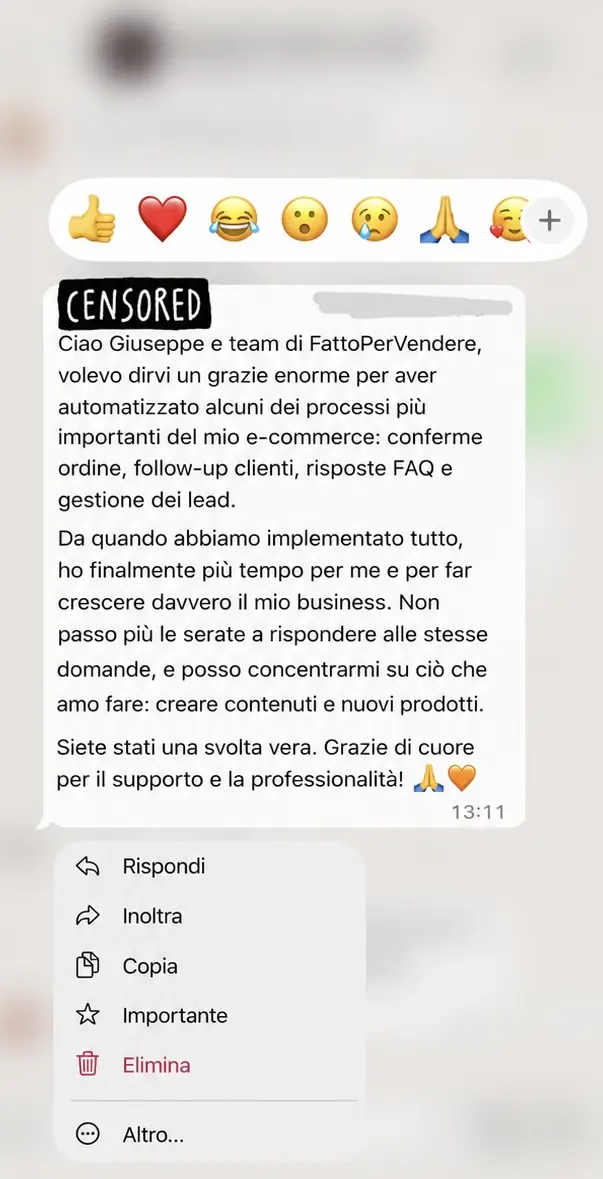 Messaggio WhatsApp di un cliente FattoPerVendere