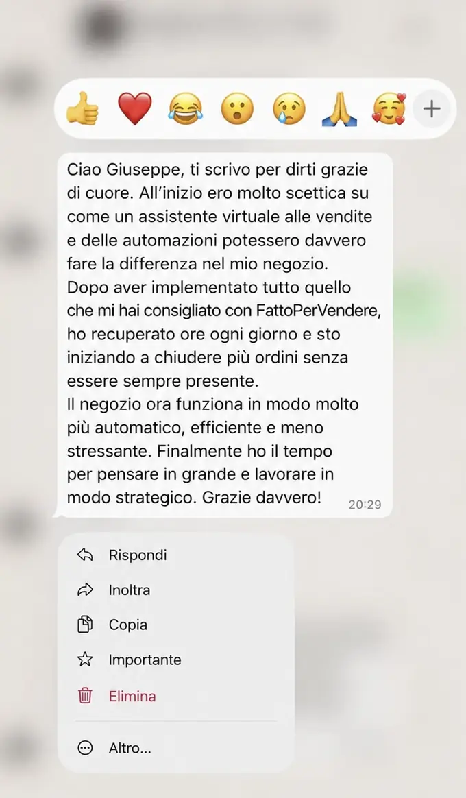 Messaggio WhatsApp di un cliente FattoPerVendere